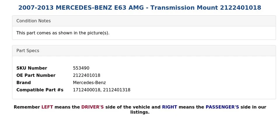 2007-2013 MERCEDES-BENZ E63 AMG - Transmission Mount 2122401018 - Image 4 of 4