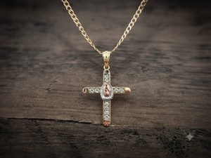 Authentic Gold Plated Religious Cross Pendant Necklace White Rhinestones Curb Chain