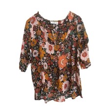 Natural Life Floral Boho Tunic Top S/M Black Orange Brown V-Neck 3/4 Sleeve