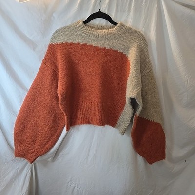 Lush Colorblock Cropped Sweater Orange/cream Balloon Sleeve M NWOT Boho Festival