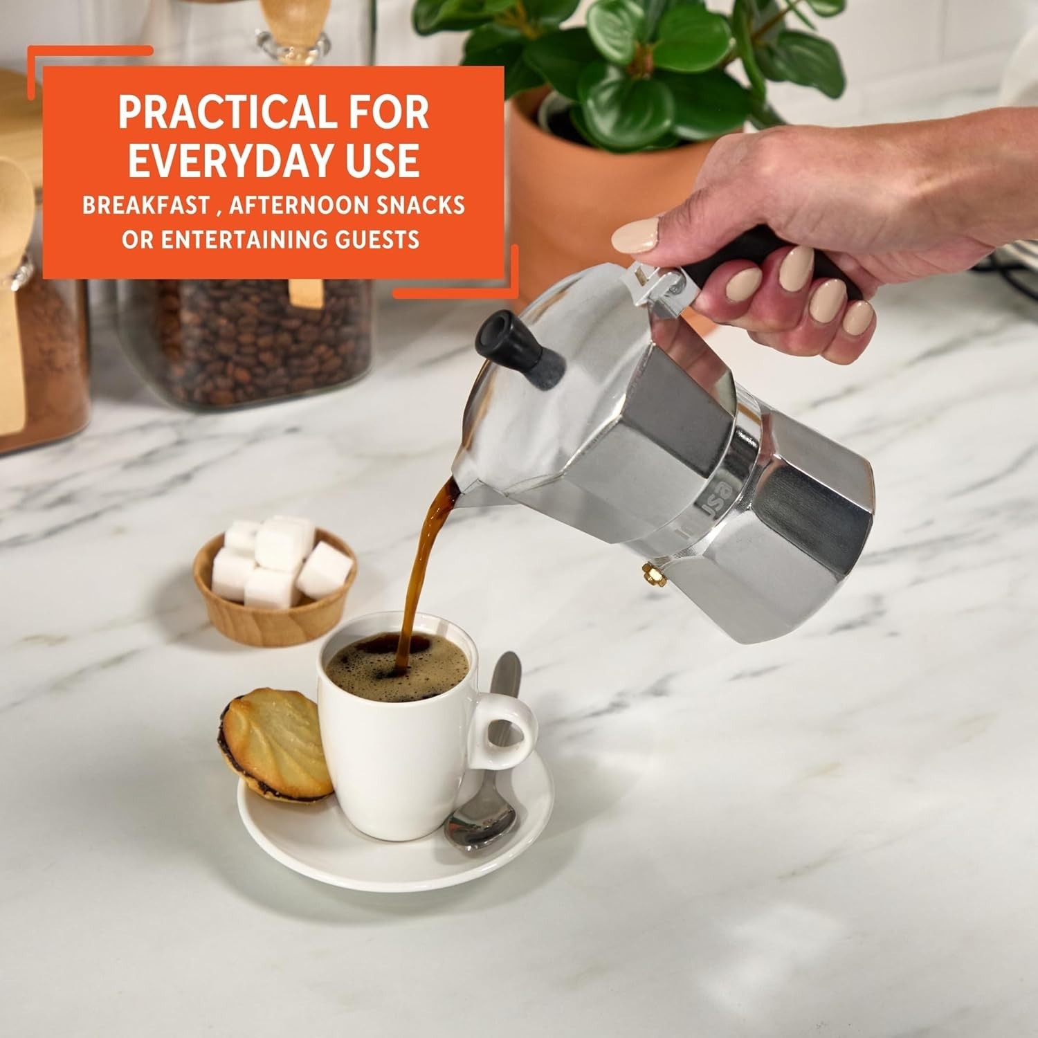 Stylish Aluminum Stovetop Espresso Coffeemaker – 3-Cup Capacity, Manual Use