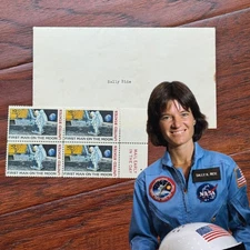 SALLY RIDE * Ride Estate Signed COA * Her Owned FIRST MAN ON MOON Stamp Block