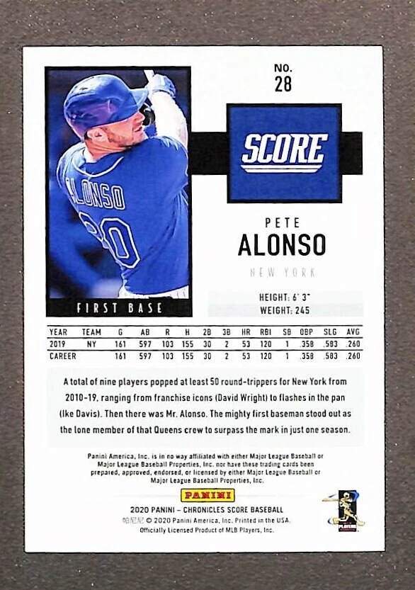 2020 Chronicles Score Blue #28 Pete Alonso /50 - Image 2 of 3