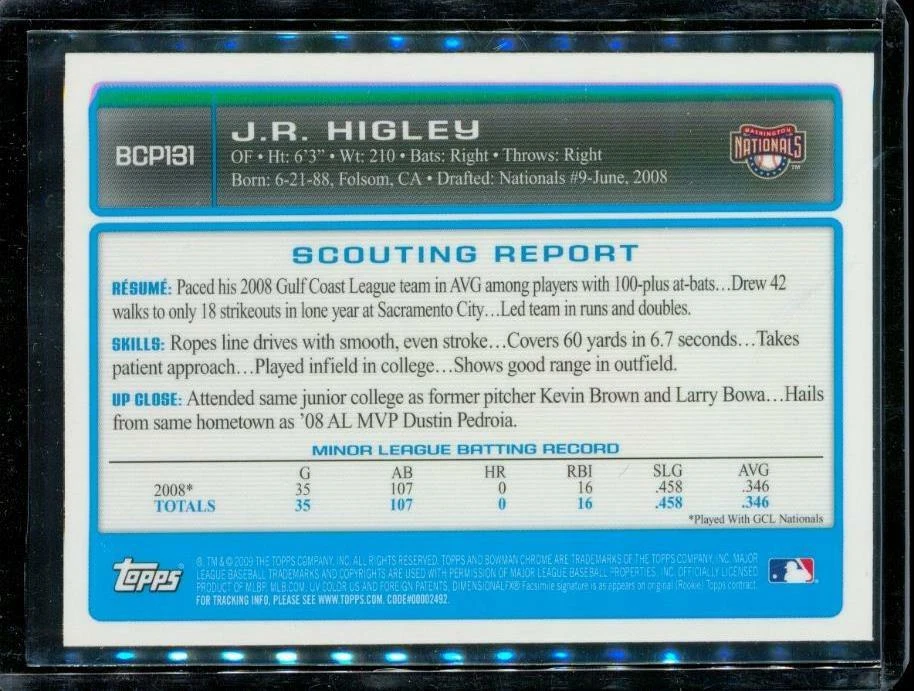 2009 Baseball Card Bowman Chrome Prospect BCP131 JR HIGHLEY Washington Nationals - Image 2 of 2