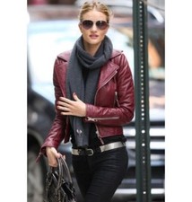 Ladies Women Brando Burgandy Leather Motorcycle Slim Fit Short Body Jacket