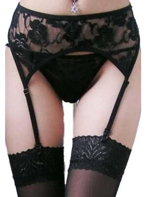 Schwarz Strapsgürtel & String Set 10 - 12 Blumen Spitze Stretch Slip transparent Damen