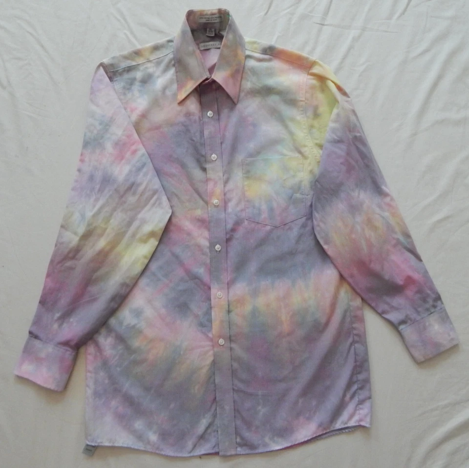 Camisa Tie Dye Negra Rosa Arco Iris Manga Larga Con Botones - Pequeña Para Hombre Hecha a Mano Foto 3 de 4