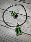 Vintage costume jewelry green stones Clip On Earrings And Necklace 1960s?