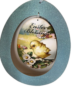 Easter Blessings Egg Shaped Hanging Sign Decor Blue Chick 11  Ht 10  W-Brand NEW