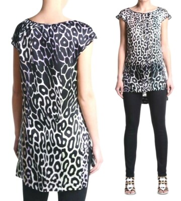 JUST CAVALLI IRIDESCENT SILK SATIN MULTI LEOPARD PRINT TUNIC US 6-8/ IT 42 ITALY
