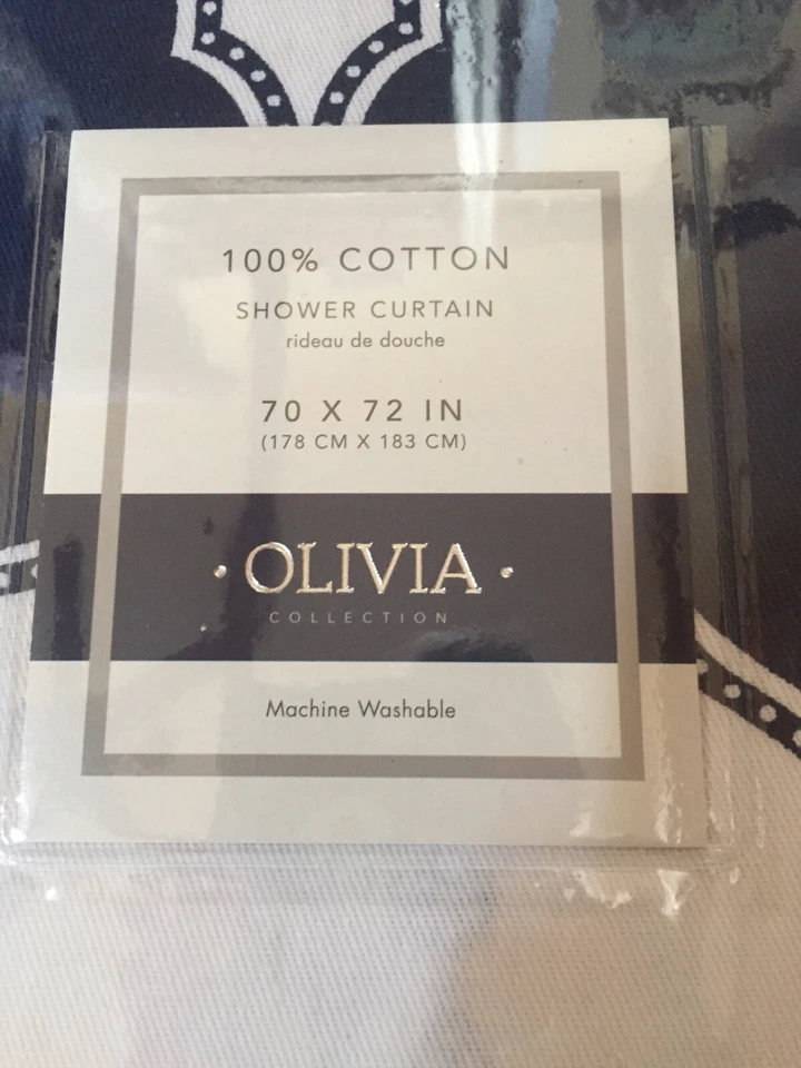 Cortina de ducha 100 % algodón náutica azul marino y blanco medallón tela OLIVIA  Foto 4 de 4