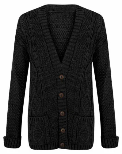 Womens 5 Button Grandad Cardigan Ladies Chunky Cable Knit Long Sleeves UK 8-22 - Image 2 of 4