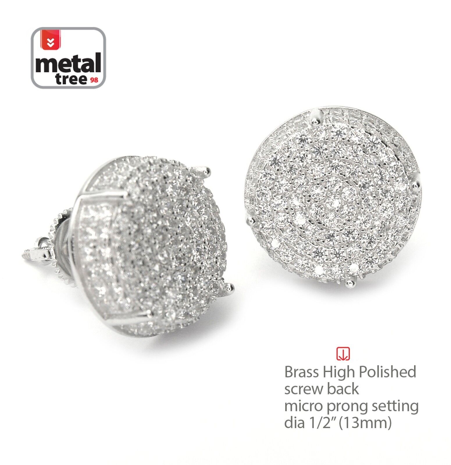 Men's Iced Silver Plated Micro Pave 10 mm 3D Round Screw Back Earrings BE 038 S