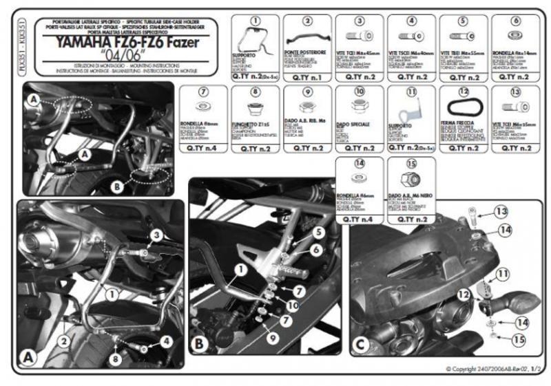 Support de fixation Kappa Monokey Side Yamaha FZ6 600 Fazer 2004 2005 2006