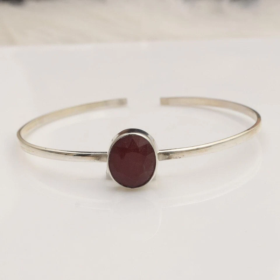 Ruby Corundum Bangle 925 Solid Silver Handmade Women Cuff Bracelet Jewelry #030 - Image 3 of 3