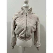 DKNY Sport Womens Faux Fur Hooded Bomber Jacket Blush Beige Detachable Hoodie