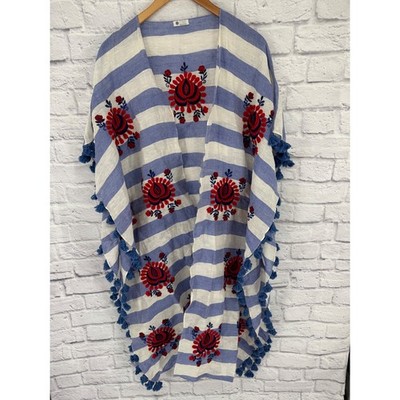 CITRUS Blue & White Striped Embroidered Kimono Tassel Boho Coastal Cover Up
