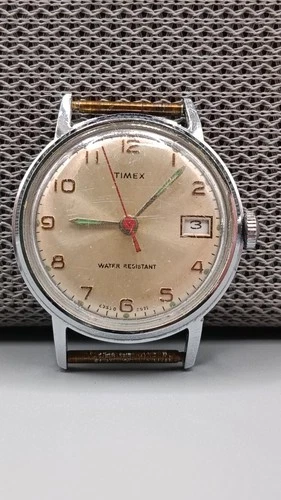 Vintage Timex 1960s Manual Wind Date Watch Champagne Dial Runs - Unreliable