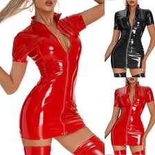 Robe sexy en cuir latex wetlook pour femme manches courtes moulante robe clubwea