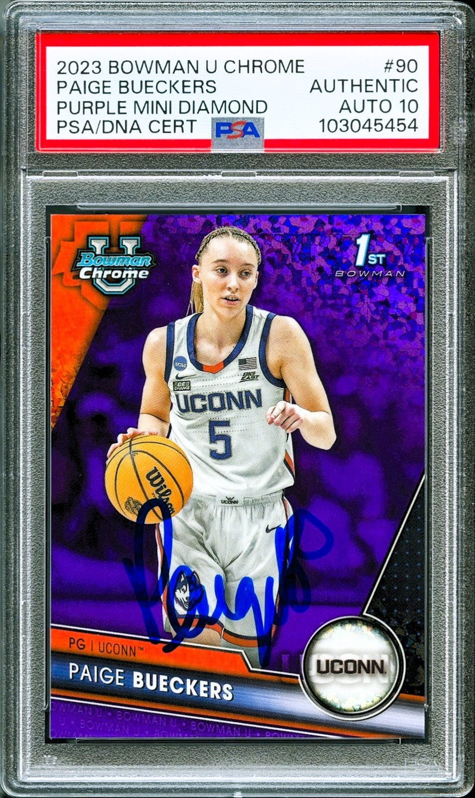 Paige Bueckers Signed Bowman 1st U Chrome Purple Mini Diamond 399 RC PSA Auto 10 view 2