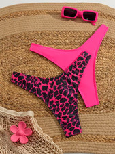 Women's Leopard Hot Pink Sexy Swim Swimwear Cheeky Thong Bikini Bottoms - 2 Pack