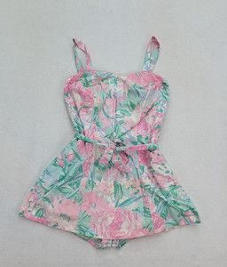 Ceeb Vintage 60s 1960s Swimsuit Size 12 Belted Pink Green loral Print FLAWS