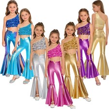 Kids Girls Set Shiny Dancewear Ballroom Outfits Pants Costume Theme Party Disco