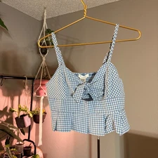 Gingham Tie Front Crop Top Blue White Sleeveless Summer Casual