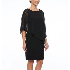 XSCAPE Black Cocktail Dress Beaded Cold-Shoulder Overlay Mini Sheath Size 8