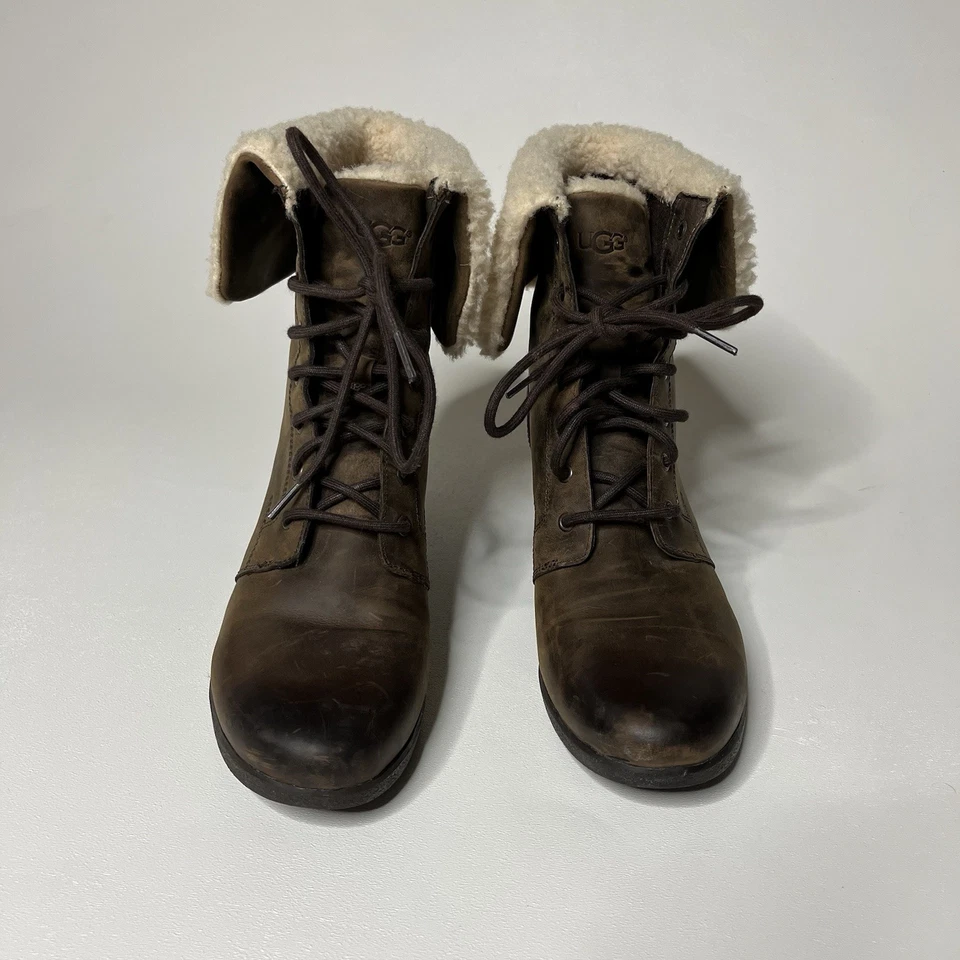 Botas con cordones UGG Zea impermeables de cuero marrón de oveja con tacón de cuña TALLA 11 Foto 3 de 4