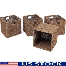 Set of 4 Square Storage Baskets Iron Frame Paper Rope Foldable Home Organizer US