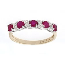 9ct Gold Jewelco London Diamond 0.8ct Ruby Ribbon Wave 5 Stone Eternity Ring 2mm
