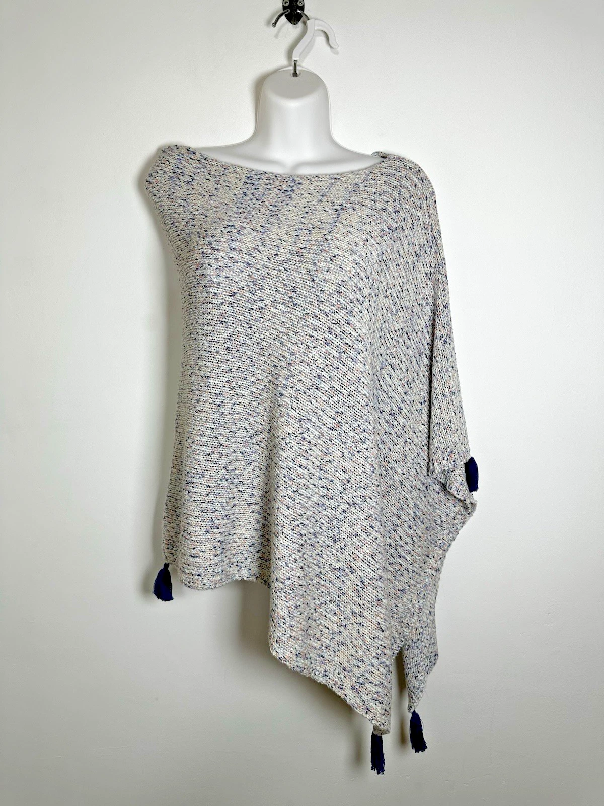 White Stuff Knit Poncho One Size Speckled Tassel Hem Cotton Blend Boho Festival