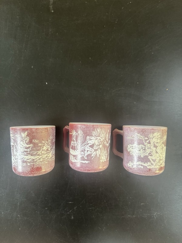 3 Vintage HAZEL-ATLAS Milk Glass Burgundy Child’s MUG Native American Scenes