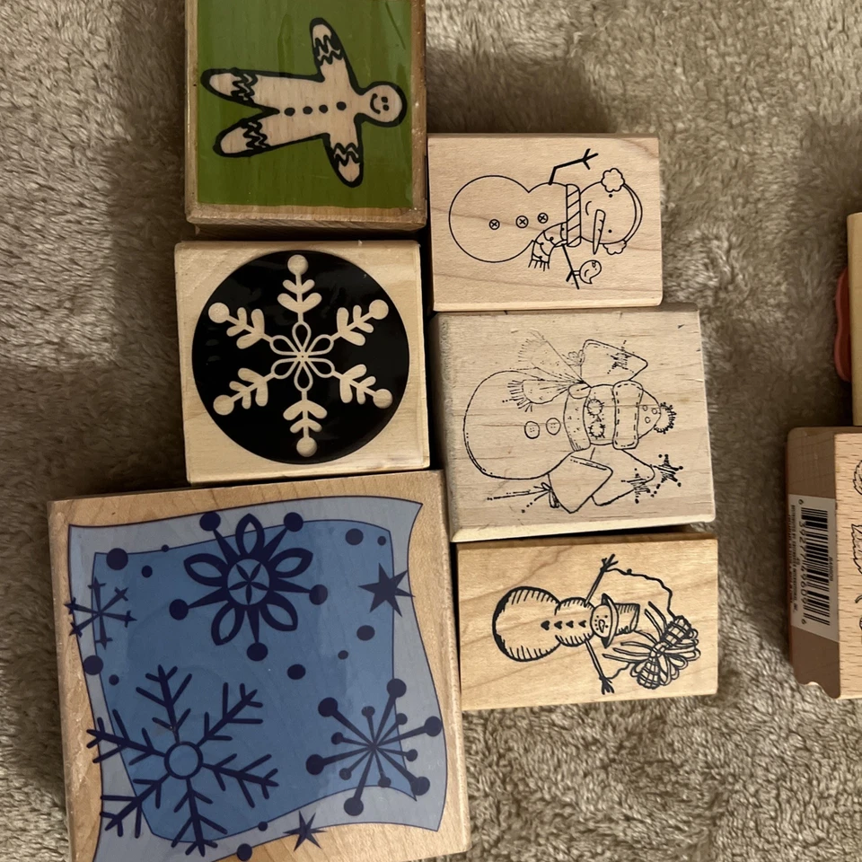 Conjuntos de selos de madeira Stampin Up! Boneco de neve Natal folhas flocos de neve pão de gengibre 19 - Imagem 4 de 4