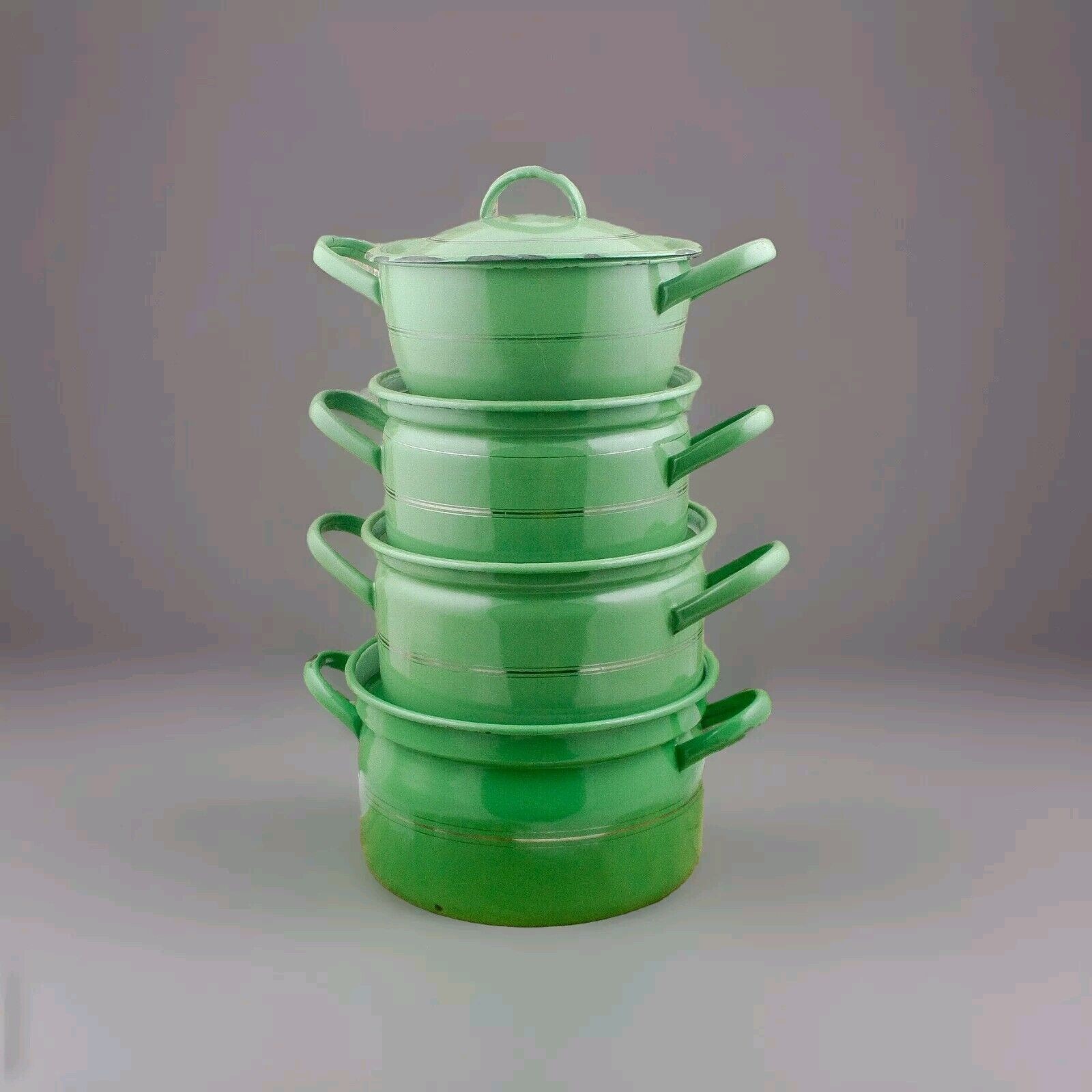 Juego de sartenes de esmalte holandés utensilios de cocina de camping c1950...