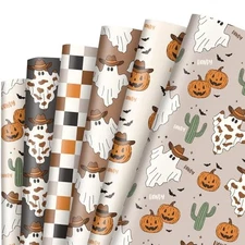  12 Sheets Halloween Wrapping Paper -Not Roll- Cowboy Cactus Ghost Pumpkin 
