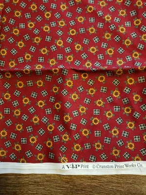 Vintage Sunflower Toss Fabric Dark Red Cotton Print Cranston 25'' X 44''