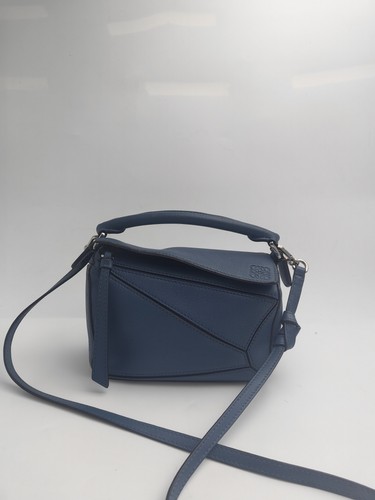 Loewe Puzzle Mini Navy Blue Tan Leather Top Handle Crossbody Satchel Bag