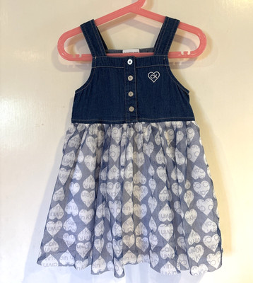 Calvin Klein Girls 4T Dress Denim Tulle Hearts Dark Blue Jean White Sleeveless