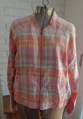 Vtg Orvis Peach Patchwork Plaid Cotton Zip Front Jacket Reversible Lined Med