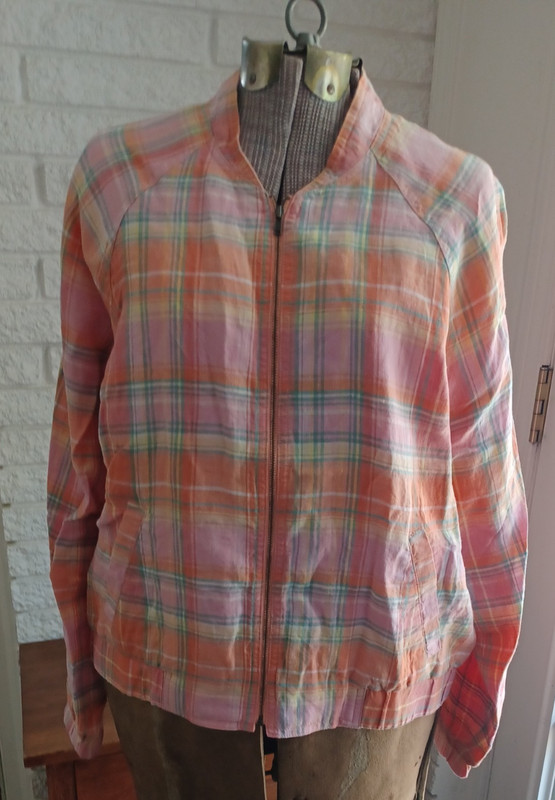 Vtg Orvis Peach Patchwork Plaid Cotton Zip Front Jacket Reversible Lined Med