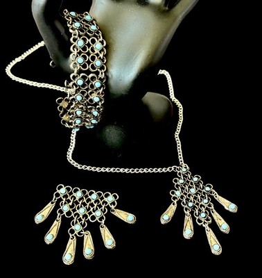 Vintage Middle Eastern Revival Silver-Tone & Turquoise Glass Cab Demi-Parure~60s