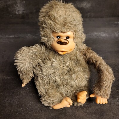 Vintage Plush Baby Monkey Gray Chimp Thumb Sucker Stuffed Animal Vinyl Toy 8''