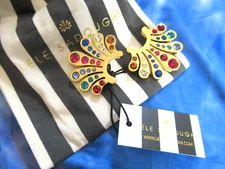 Lele Sadoughi Logo Crystal Lele Button Earrings Gold Tone Clip On Statement NWT