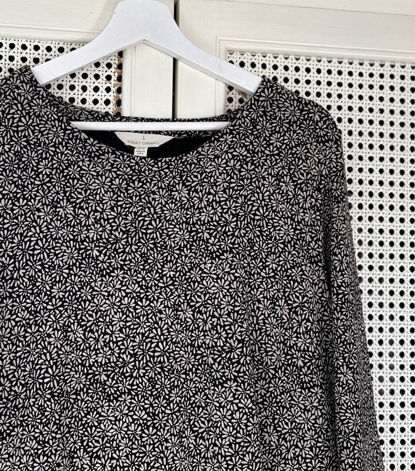 Seasalt Line Strokes Dress, Size 14. Tiered Jersey. Black Floral