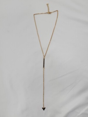 Woman's Y-Drop Double Pendant Fashion Necklace Bar Arrow Chain Gold Tone