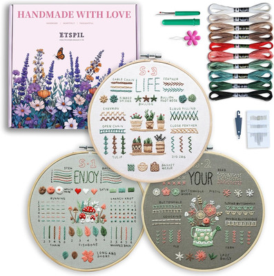 ETSPIL 3 Pack Beginner Embroidery Kits for Adults DIY Starter Kit with 33 Stitch