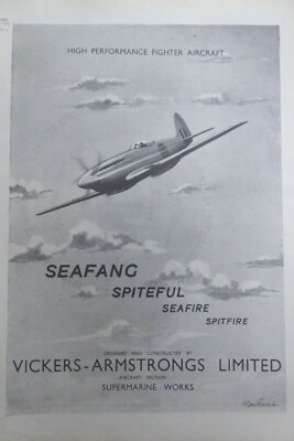 8/1946 PUB VICKERS ARMSTRONGS SPITFIRE SEAFIRE SPITEFUL SEAFANG ORIGINAL ANZEIGE