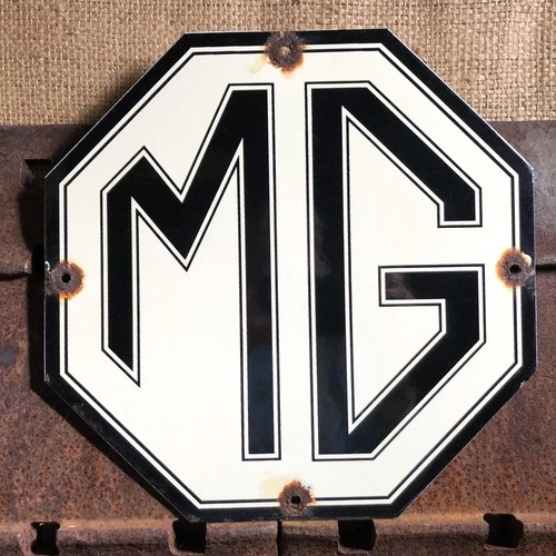 VINTAGE MG AUTOMOBILE 12” PORCELAIN GAS OIL SERVICE DEALER DEALERSHIP AUTO SIGN
